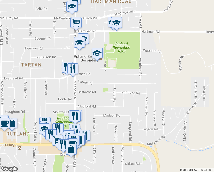 map of restaurants, bars, coffee shops, grocery stores, and more near 325 Hardie Road in Kelowna