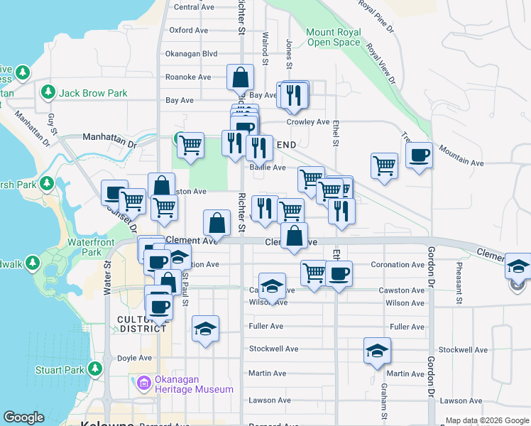 map of restaurants, bars, coffee shops, grocery stores, and more near 7 Vaughan Avenue in Kelowna