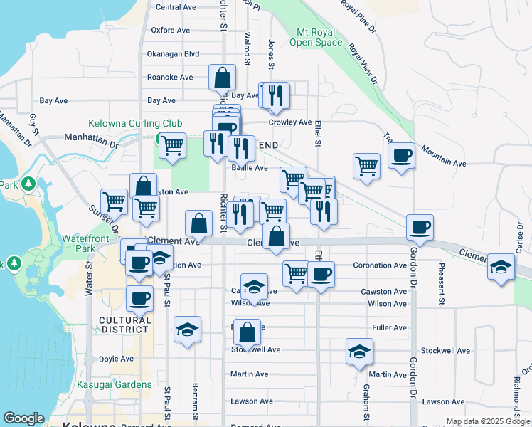 map of restaurants, bars, coffee shops, grocery stores, and more near in Kelowna