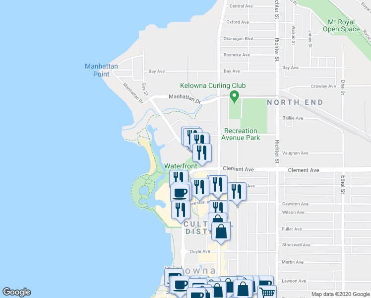 map of restaurants, bars, coffee shops, grocery stores, and more near in Kelowna