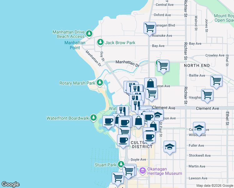 map of restaurants, bars, coffee shops, grocery stores, and more near 1128 Sunset Drive in Kelowna