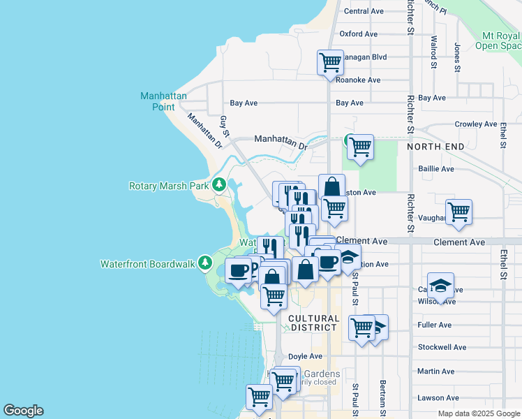 map of restaurants, bars, coffee shops, grocery stores, and more near 1128 Sunset Drive in Kelowna