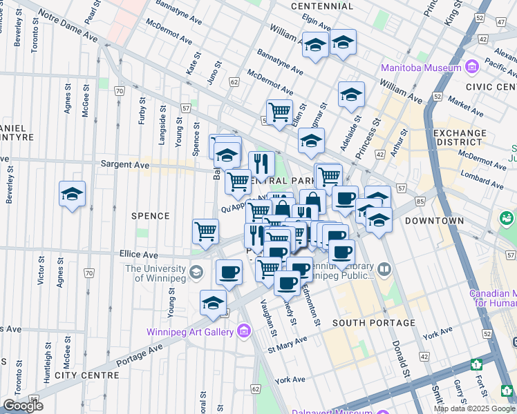 map of restaurants, bars, coffee shops, grocery stores, and more near 371 Kennedy Street in Winnipeg