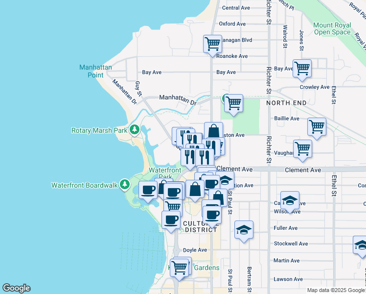 map of restaurants, bars, coffee shops, grocery stores, and more near in Kelowna
