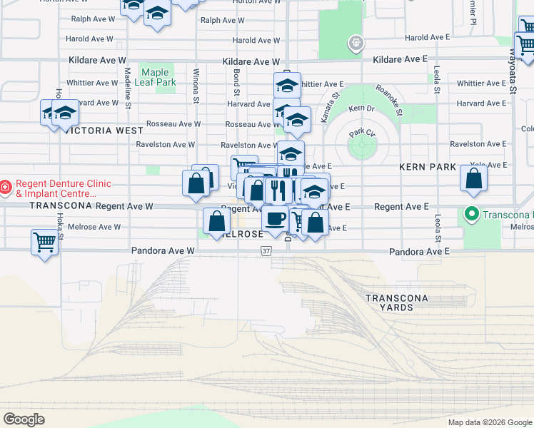 map of restaurants, bars, coffee shops, grocery stores, and more near 111 Melrose Avenue West in Winnipeg