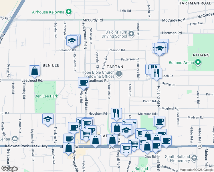 map of restaurants, bars, coffee shops, grocery stores, and more near 495 Froelich Road in Kelowna