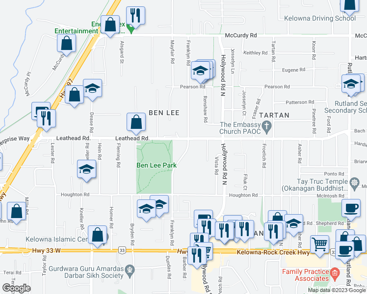 map of restaurants, bars, coffee shops, grocery stores, and more near 530 Franklyn Road in Kelowna