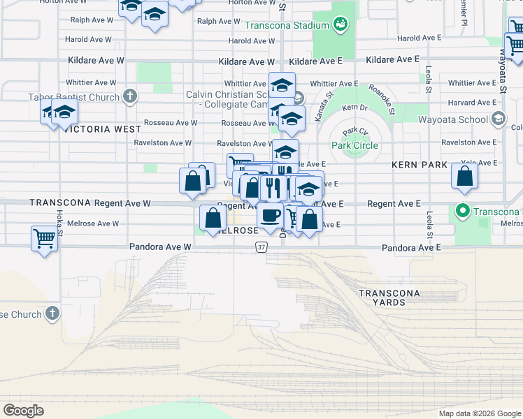 map of restaurants, bars, coffee shops, grocery stores, and more near 111 Melrose Avenue West in Winnipeg