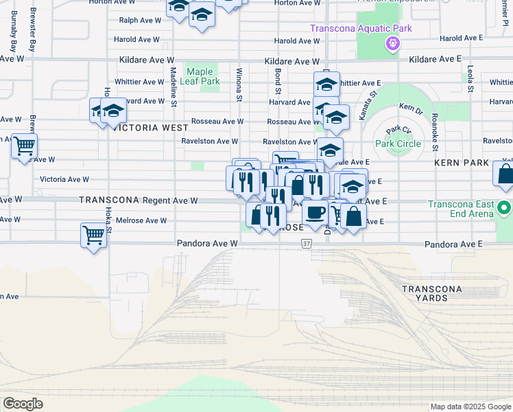map of restaurants, bars, coffee shops, grocery stores, and more near 220 Regent Avenue West in Winnipeg