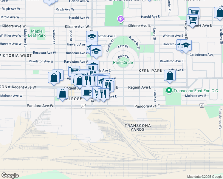 map of restaurants, bars, coffee shops, grocery stores, and more near 204 Regent Avenue East in Winnipeg