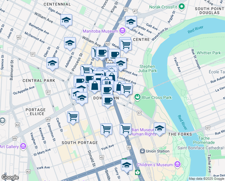 map of restaurants, bars, coffee shops, grocery stores, and more near in Winnipeg