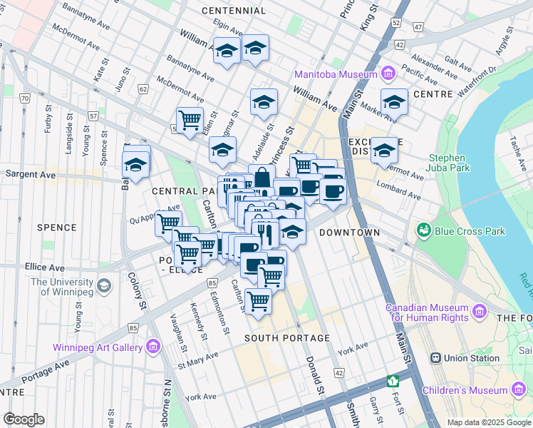 map of restaurants, bars, coffee shops, grocery stores, and more near 320 Donald Street in Winnipeg