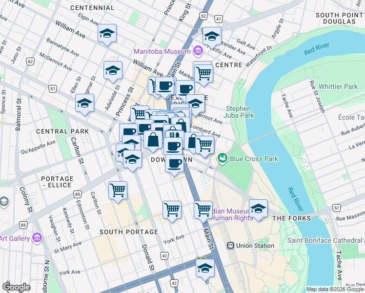 map of restaurants, bars, coffee shops, grocery stores, and more near in Winnipeg