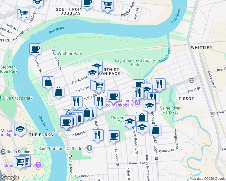 map of restaurants, bars, coffee shops, grocery stores, and more near 287 Dumoulin Street in Winnipeg