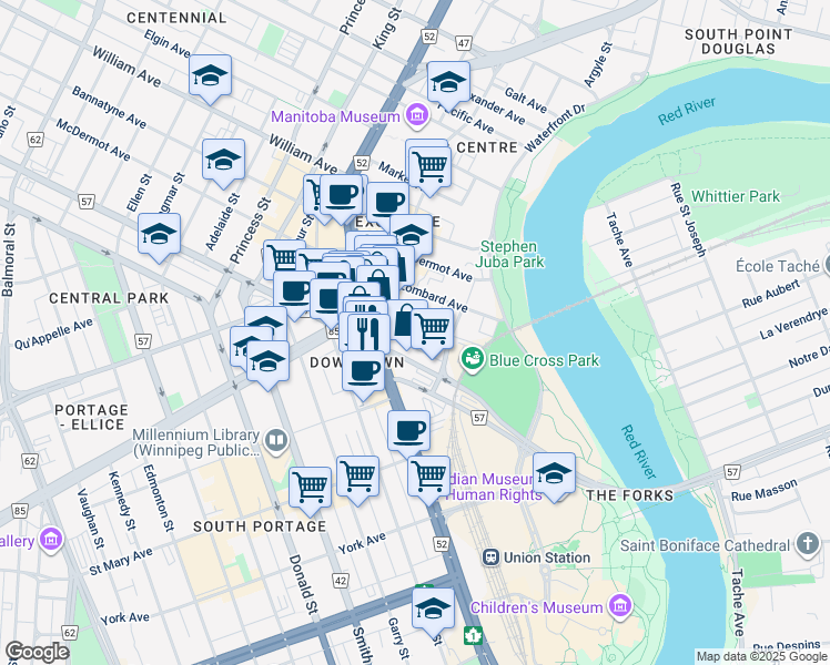 map of restaurants, bars, coffee shops, grocery stores, and more near in Winnipeg