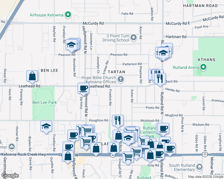 map of restaurants, bars, coffee shops, grocery stores, and more near 495 Froelich Road in Kelowna