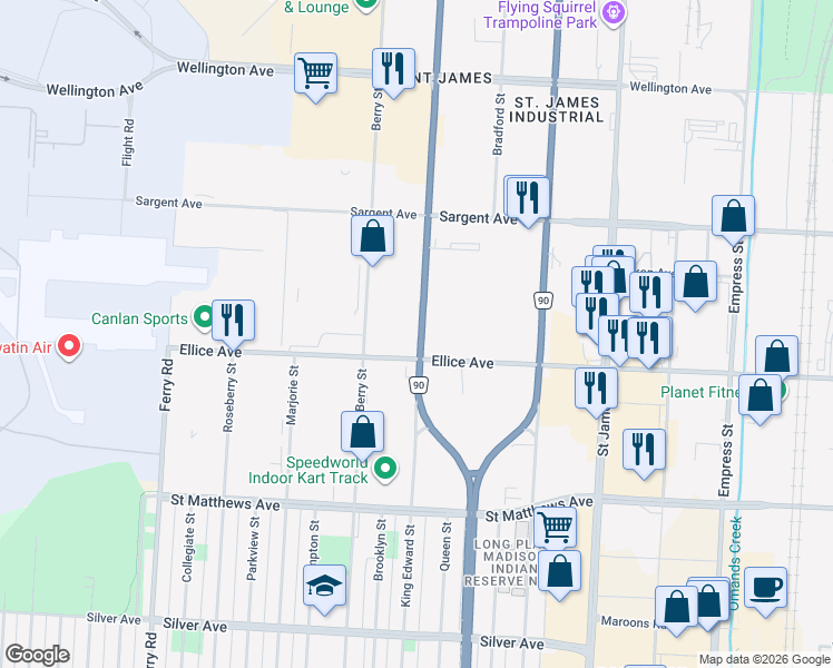 map of restaurants, bars, coffee shops, grocery stores, and more near 1757 Ellice Ave in Winnipeg