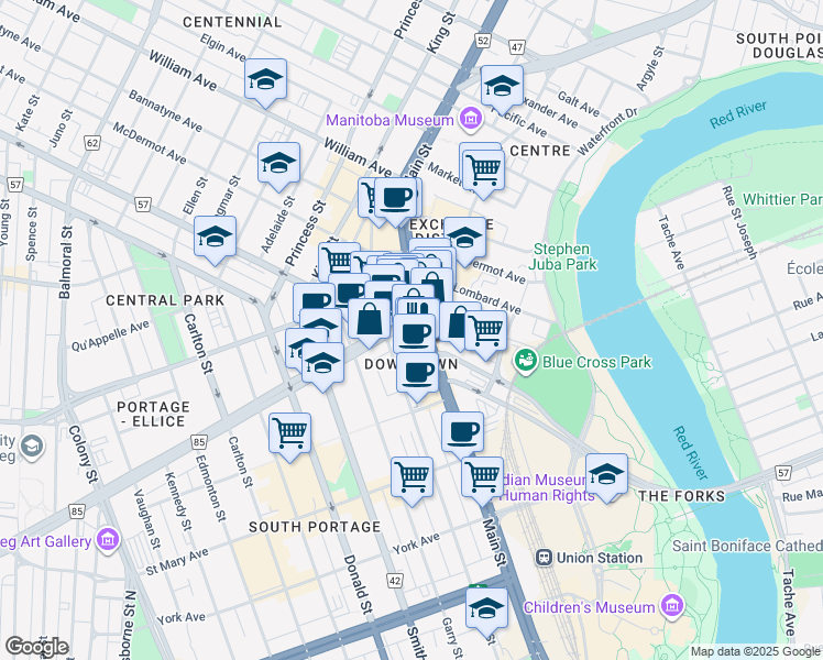 map of restaurants, bars, coffee shops, grocery stores, and more near in Winnipeg