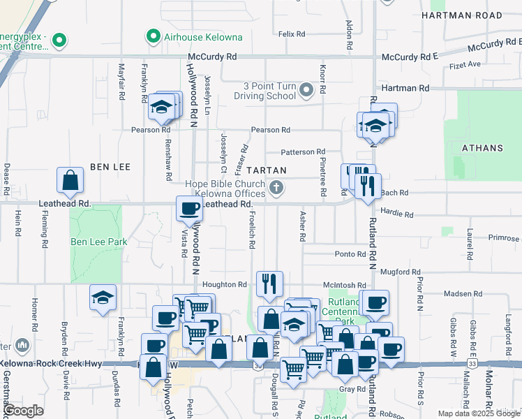 map of restaurants, bars, coffee shops, grocery stores, and more near 425 Leathead Road in Kelowna