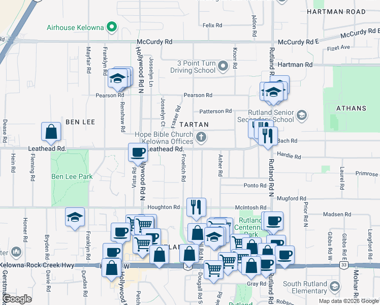 map of restaurants, bars, coffee shops, grocery stores, and more near 495 Froelich Road in Kelowna