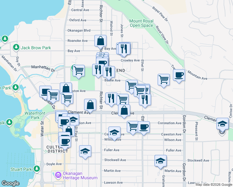 map of restaurants, bars, coffee shops, grocery stores, and more near 7 Vaughan Avenue in Kelowna