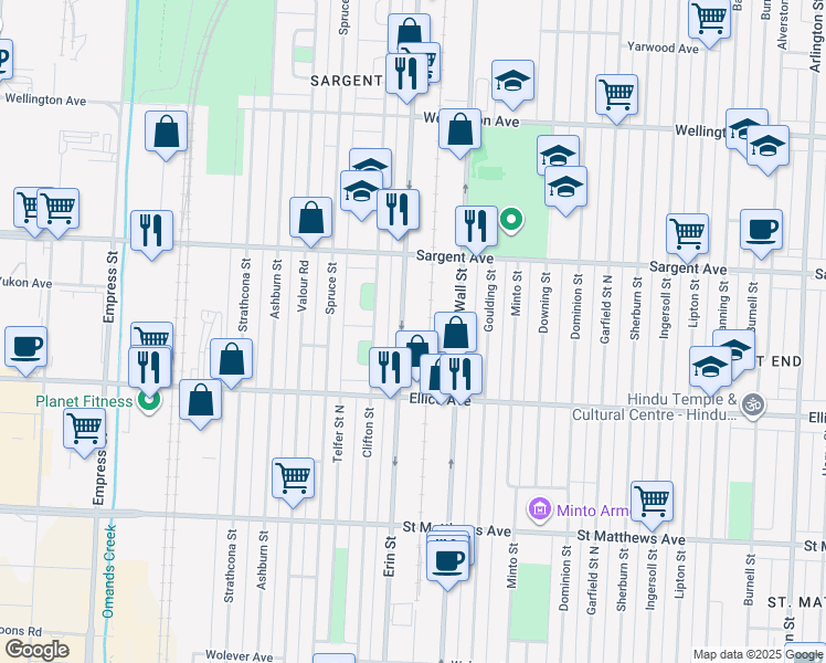 map of restaurants, bars, coffee shops, grocery stores, and more near 1055 Erin Street in Winnipeg