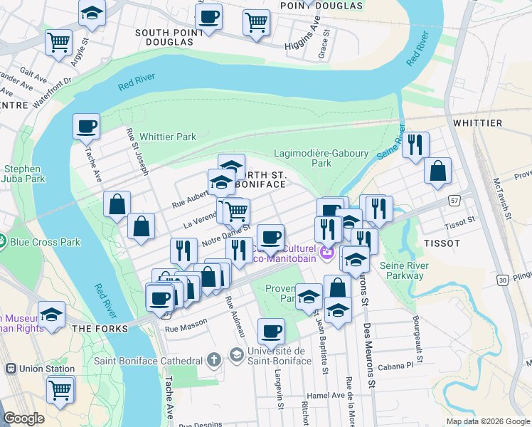 map of restaurants, bars, coffee shops, grocery stores, and more near 730 Saint Jean Baptiste Street in Winnipeg