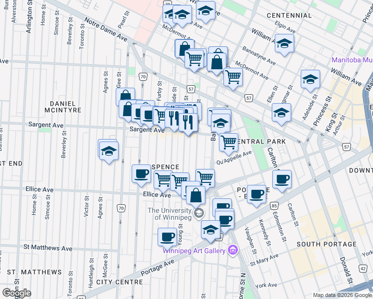 map of restaurants, bars, coffee shops, grocery stores, and more near 536 Young Street in Winnipeg