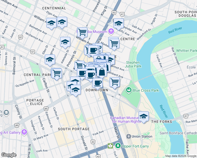 map of restaurants, bars, coffee shops, grocery stores, and more near in Winnipeg