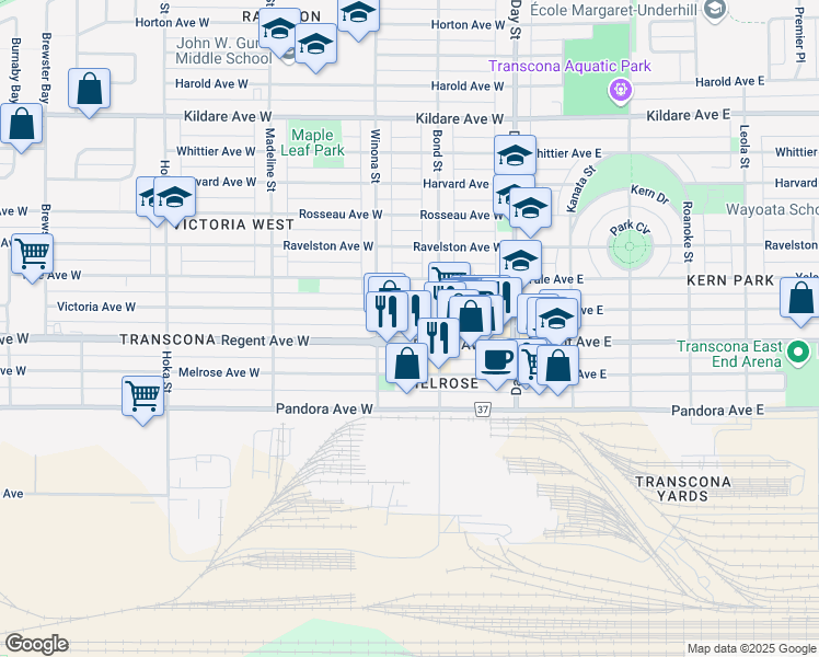 map of restaurants, bars, coffee shops, grocery stores, and more near in Winnipeg
