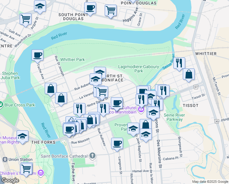 map of restaurants, bars, coffee shops, grocery stores, and more near 285 Notre Dame Street in Winnipeg