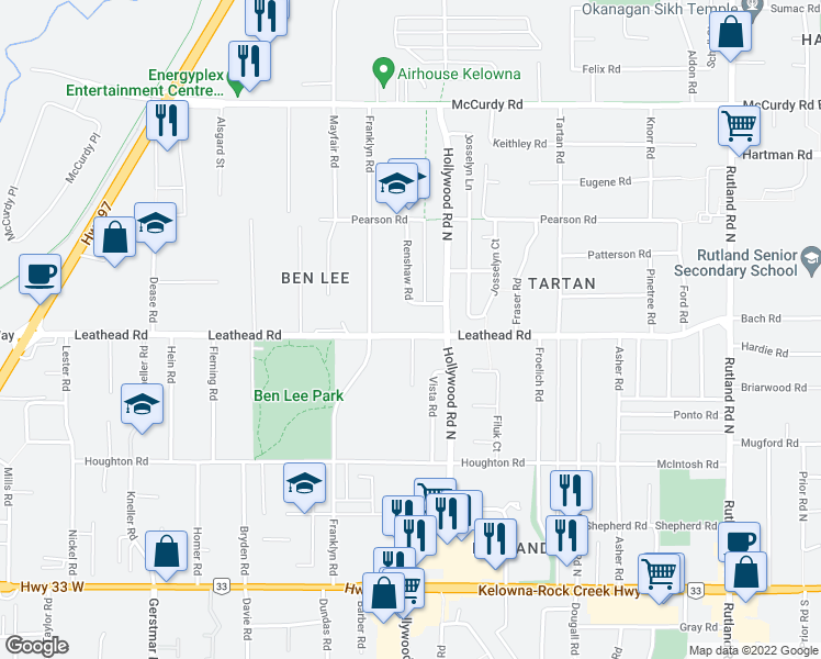 map of restaurants, bars, coffee shops, grocery stores, and more near 680 Leathead Road in Kelowna