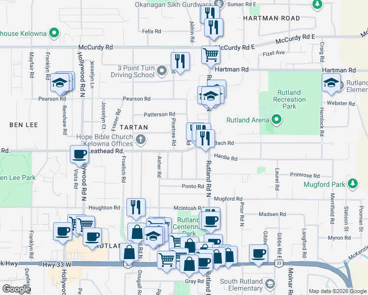 map of restaurants, bars, coffee shops, grocery stores, and more near 560 Ford Road in Kelowna