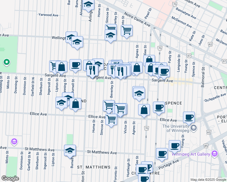 map of restaurants, bars, coffee shops, grocery stores, and more near 535 Beverley Street in Winnipeg