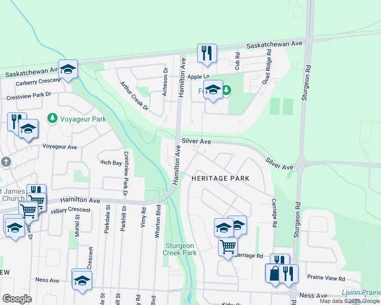 map of restaurants, bars, coffee shops, grocery stores, and more near 330 Carriage Road in Winnipeg