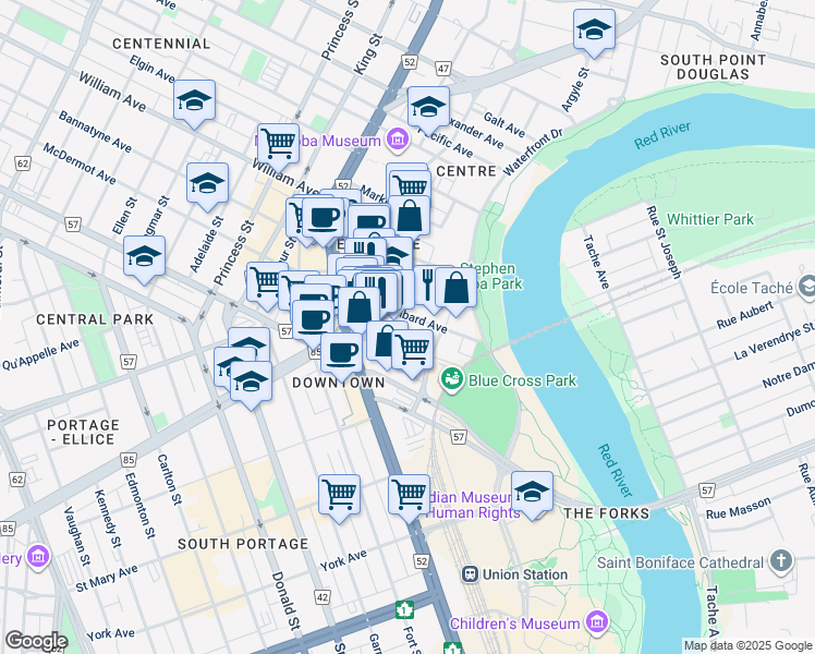 map of restaurants, bars, coffee shops, grocery stores, and more near 136 Lombard Avenue in Winnipeg