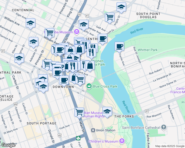 map of restaurants, bars, coffee shops, grocery stores, and more near in Winnipeg