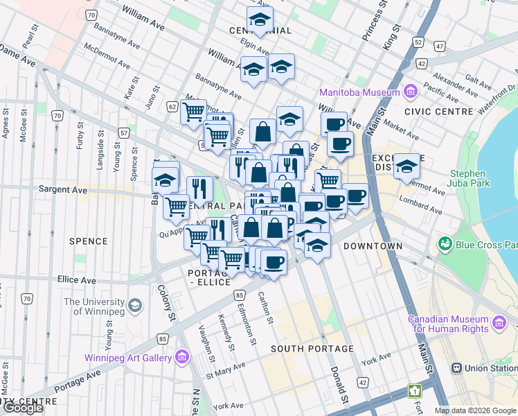 map of restaurants, bars, coffee shops, grocery stores, and more near 379 Hargrave Street in Winnipeg