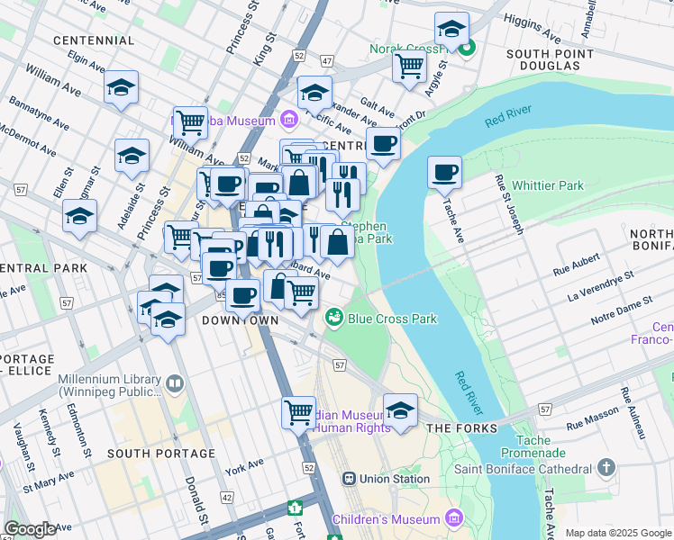 map of restaurants, bars, coffee shops, grocery stores, and more near in Winnipeg