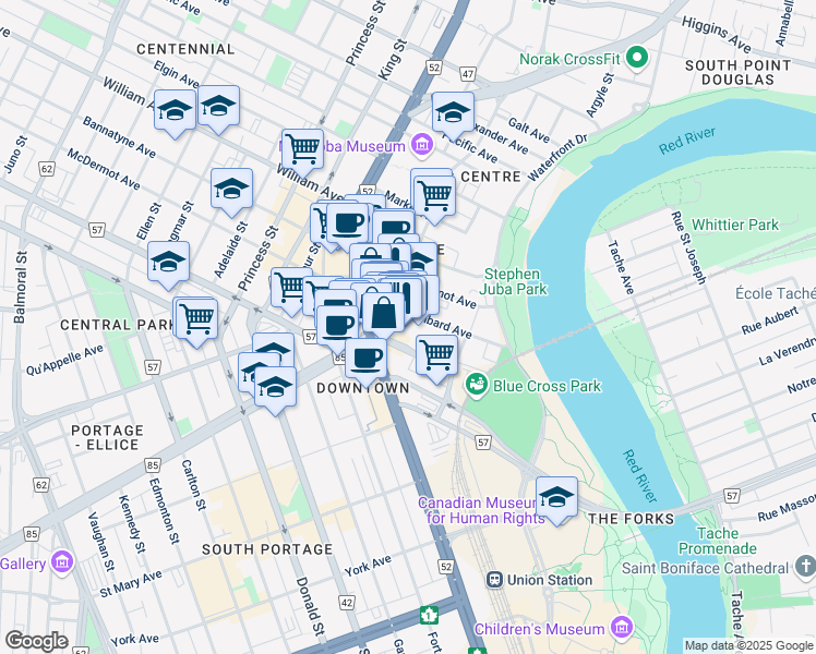 map of restaurants, bars, coffee shops, grocery stores, and more near 2 Lombard Place in Winnipeg