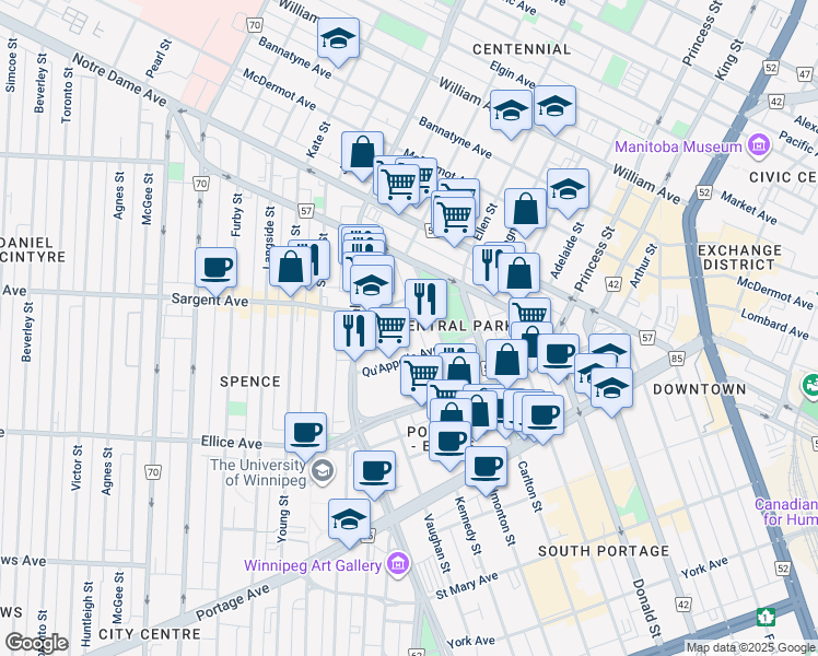 map of restaurants, bars, coffee shops, grocery stores, and more near 401 Kennedy Street in Winnipeg
