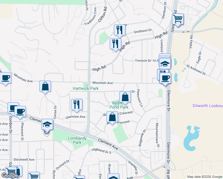 map of restaurants, bars, coffee shops, grocery stores, and more near 1616 Lambert Avenue in Kelowna