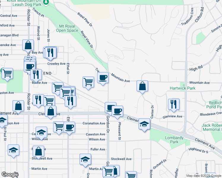 map of restaurants, bars, coffee shops, grocery stores, and more near 1087 Gordon Drive in Kelowna