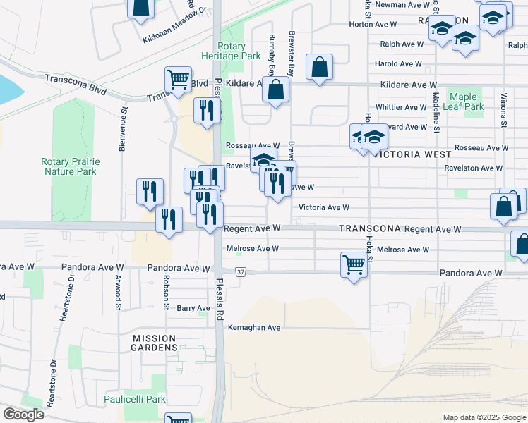 map of restaurants, bars, coffee shops, grocery stores, and more near 700 Victoria Avenue West in Winnipeg