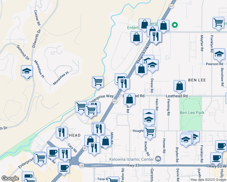 map of restaurants, bars, coffee shops, grocery stores, and more near 2702 British Columbia 97 in Kelowna