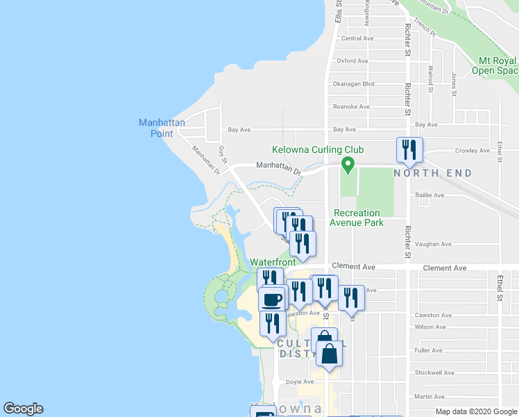 map of restaurants, bars, coffee shops, grocery stores, and more near 414-1089 Sunset Drive in Kelowna