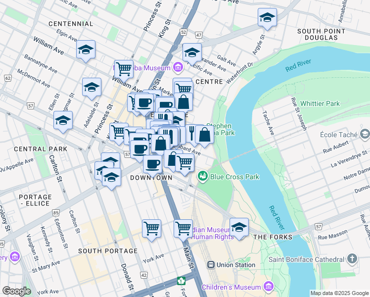 map of restaurants, bars, coffee shops, grocery stores, and more near Lombard Avenue in Winnipeg