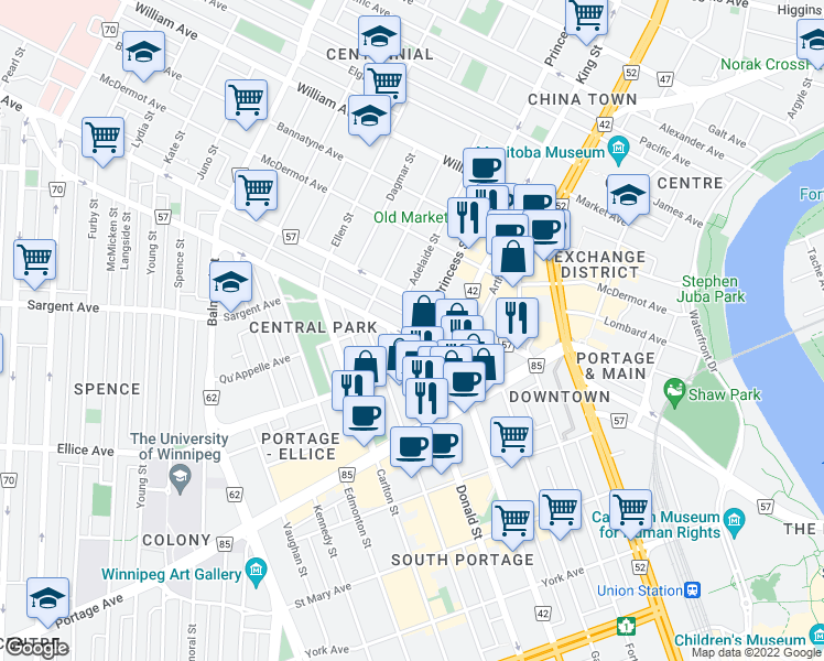 map of restaurants, bars, coffee shops, grocery stores, and more near 374 Donald Street in Winnipeg