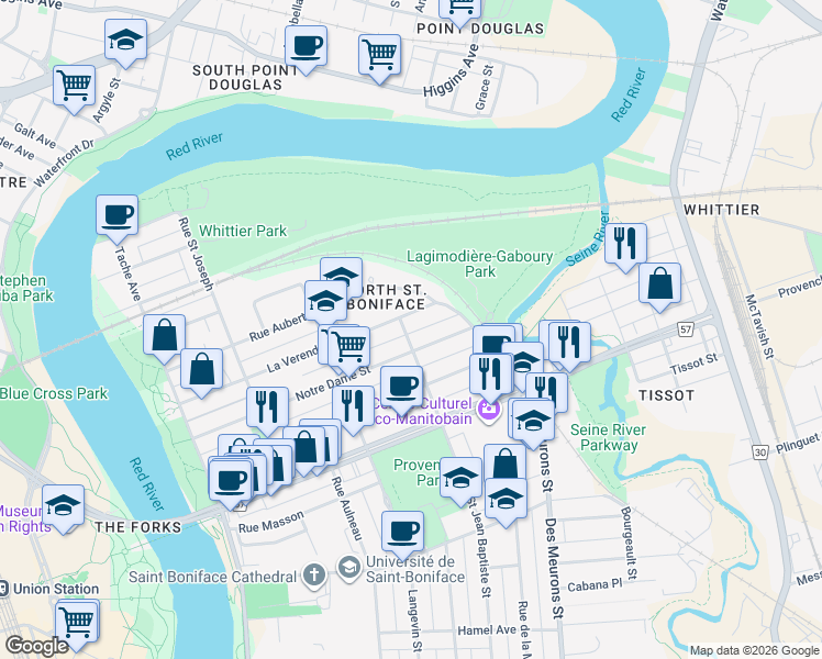 map of restaurants, bars, coffee shops, grocery stores, and more near 730 Saint Jean Baptiste Street in Winnipeg