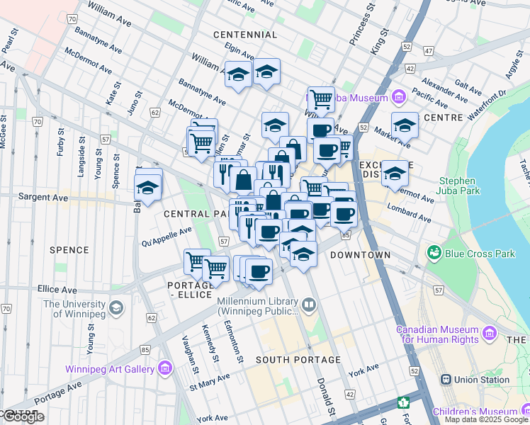 map of restaurants, bars, coffee shops, grocery stores, and more near 370 Donald Street in Winnipeg